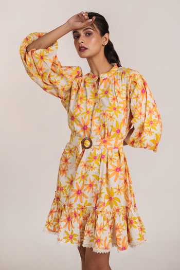 Buy_9899_Orange Cotton Mandarin Collar Summer Daisy Dress _at_Aza_Fashions