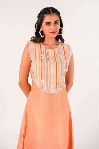 9899_Orange Linen Round Neck Sunlit Stripes Midi Dress _Online_at_Aza_Fashions
