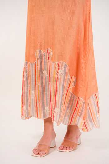 Buy_9899_Orange Linen Round Neck Sunlit Stripes Midi Dress _Online_at_Aza_Fashions