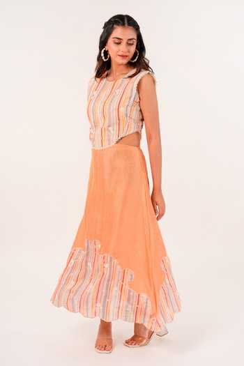 Shop_9899_Orange Linen Round Neck Sunlit Stripes Midi Dress _at_Aza_Fashions