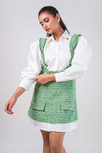 Buy_9899_Green Cotton, Tweed Collared Neck Layered Dress _at_Aza_Fashions