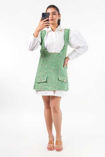Buy_9899_Green Cotton, Tweed Collared Neck Layered Dress _Online_at_Aza_Fashions