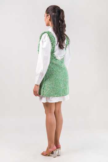 Shop_9899_Green Cotton, Tweed Collared Neck Layered Dress _at_Aza_Fashions