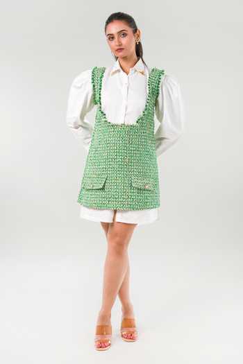 Shop_9899_Green Cotton, Tweed Collared Neck Layered Dress _Online_at_Aza_Fashions
