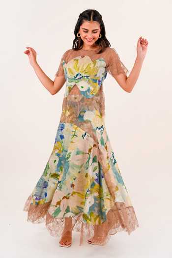 Buy_9899_Multi Color Linen Sweetheart Neck Waterlily Lace Top And Skirt Set _at_Aza_Fashions