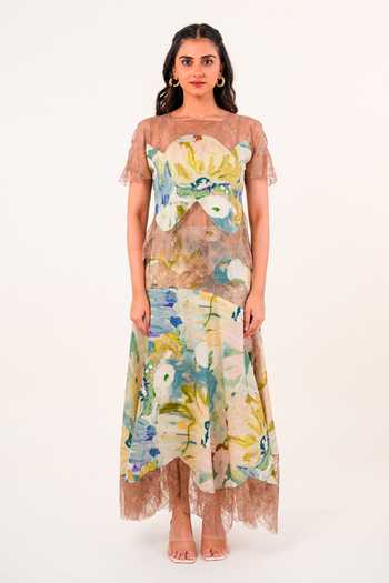 Shop_9899_Multi Color Linen Sweetheart Neck Waterlily Lace Top And Skirt Set _at_Aza_Fashions
