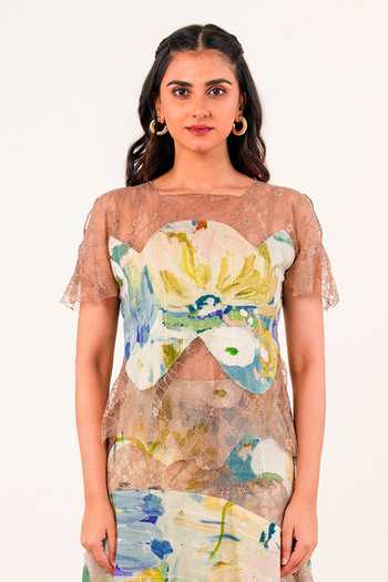 9899_Multi Color Linen Sweetheart Neck Waterlily Lace Top And Skirt Set _Online_at_Aza_Fashions
