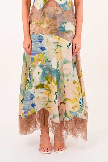 Buy_9899_Multi Color Linen Sweetheart Neck Waterlily Lace Top And Skirt Set _Online_at_Aza_Fashions