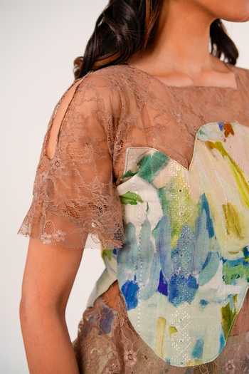 Shop_9899_Multi Color Linen Sweetheart Neck Waterlily Lace Top And Skirt Set _Online_at_Aza_Fashions