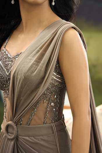 Buy_Aariyana Couture_Grey Net, Lycra Embroidery, Beads, Stones Pre-draped Saree With Corset _Online_at_Aza_Fashions