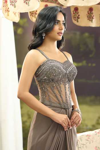 Shop_Aariyana Couture_Grey Net, Lycra Embroidery, Beads, Stones Pre-draped Saree With Corset _Online_at_Aza_Fashions