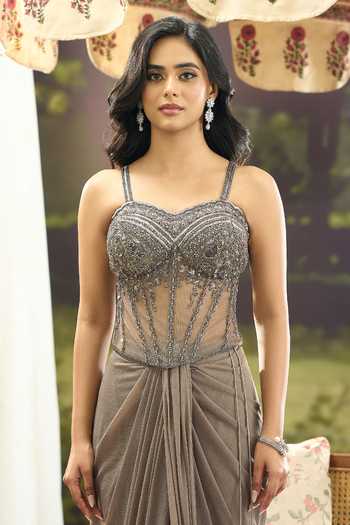 Aariyana Couture_Grey Net, Lycra Embroidery, Beads, Stones Pre-draped Saree With Corset _at_Aza_Fashions