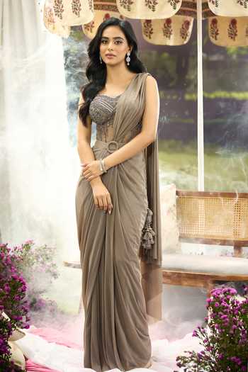 Shop_Aariyana Couture_Grey Net, Lycra Embroidery, Beads, Stones Pre-draped Saree With Corset 