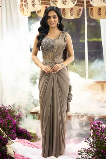 Aariyana Couture_Grey Net, Lycra Embroidery, Beads, Stones Pre-draped Saree With Corset _Online