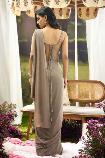 Aariyana Couture_Grey Net, Lycra Embroidery, Beads, Stones Pre-draped Saree With Corset _Online_at_Aza_Fashions
