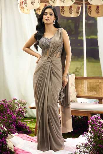 Aariyana Couture_Grey Net, Lycra Embroidery, Beads, Stones Pre-draped Saree With Corset 