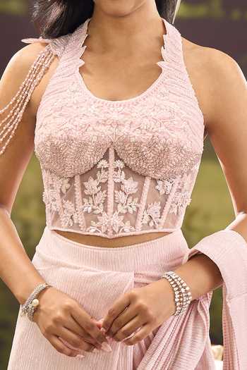 Buy_Aariyana Couture_Pink Lycra, Net Embroidery Halter Neck Pre-draped Saree With Corset 