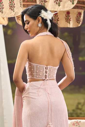 Shop_Aariyana Couture_Pink Lycra, Net Embroidery Halter Neck Pre-draped Saree With Corset 