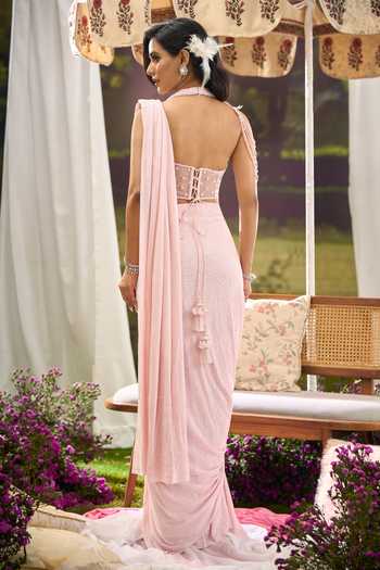 Aariyana Couture_Pink Lycra, Net Embroidery Halter Neck Pre-draped Saree With Corset _Online_at_Aza_Fashions