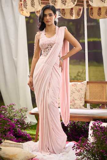 Aariyana Couture_Pink Lycra, Net Embroidery Halter Neck Pre-draped Saree With Corset 
