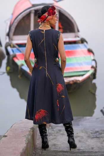 Shop_The Dramebaaz CO_Black Silk Round Neck Petal Illusion Adjustable Dress _at_Aza_Fashions