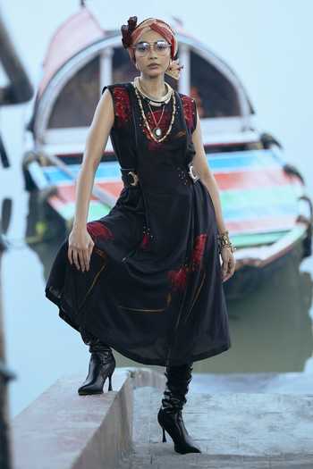 The Dramebaaz CO_Black Silk Round Neck Petal Illusion Adjustable Dress _Online_at_Aza_Fashions