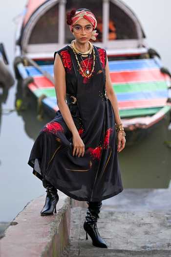 Buy_The Dramebaaz CO_Black Silk Round Neck Petal Illusion Adjustable Dress _Online_at_Aza_Fashions