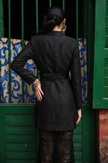 Shop_The Dramebaaz CO_Black Silk Plunge Neck Mosaic Blazer Dress _at_Aza_Fashions