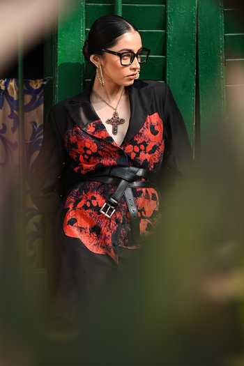 The Dramebaaz CO_Black Silk Plunge Neck Mosaic Blazer Dress _Online_at_Aza_Fashions