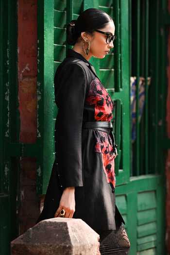 Buy_The Dramebaaz CO_Black Silk Plunge Neck Mosaic Blazer Dress _Online_at_Aza_Fashions