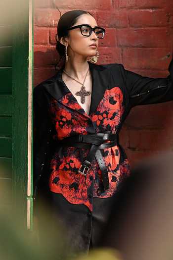 Shop_The Dramebaaz CO_Black Silk Plunge Neck Mosaic Blazer Dress _Online_at_Aza_Fashions