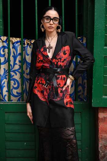 The Dramebaaz CO_Black Silk Plunge Neck Mosaic Blazer Dress _at_Aza_Fashions