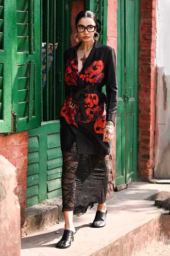 Buy_The Dramebaaz CO_Black Silk Plunge Neck Mosaic Blazer Dress 