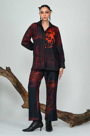 Buy_The Dramebaaz CO_Black Silk Collared Neck Emberlines Trouser Set _Online_at_Aza_Fashions