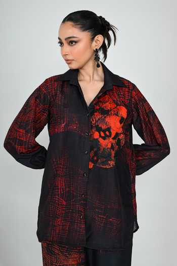Shop_The Dramebaaz CO_Black Silk Collared Neck Emberlines Trouser Set _Online_at_Aza_Fashions