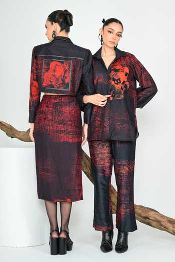 The Dramebaaz CO_Black Silk Collared Neck Emberlines Trouser Set _Online