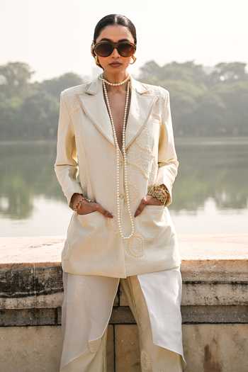 Buy_The Dramebaaz CO_White Silk Halo Blazer Set _Online_at_Aza_Fashions