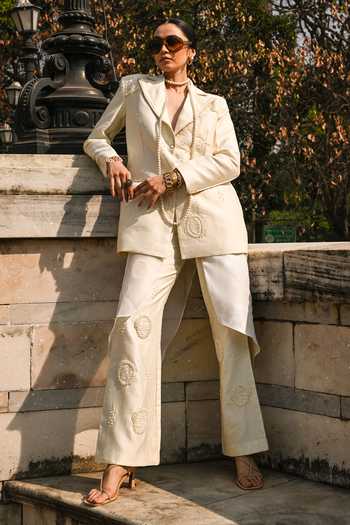 The Dramebaaz CO_White Silk Halo Blazer Set _at_Aza_Fashions