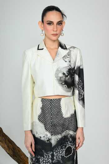 The Dramebaaz CO_White Silk Collared Neck Snowdrop Cropped Blazer And Skirt Set _Online_at_Aza_Fashions