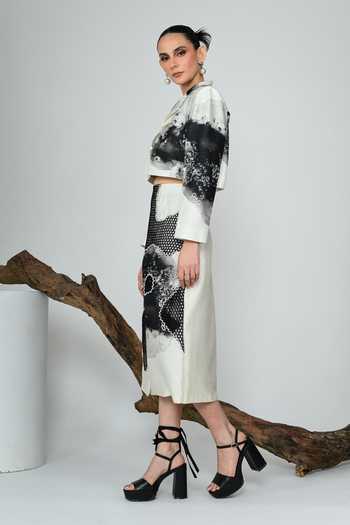 Buy_The Dramebaaz CO_White Silk Collared Neck Snowdrop Cropped Blazer And Skirt Set _Online_at_Aza_Fashions