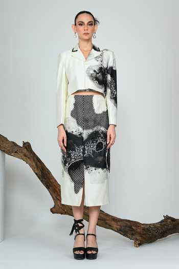 Buy_The Dramebaaz CO_White Silk Collared Neck Snowdrop Cropped Blazer And Skirt Set _at_Aza_Fashions