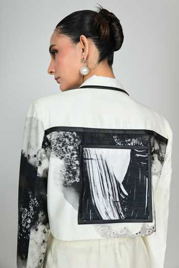 The Dramebaaz CO_White Silk Collared Neck Snowdrop Cropped Blazer And Skirt Set _at_Aza_Fashions