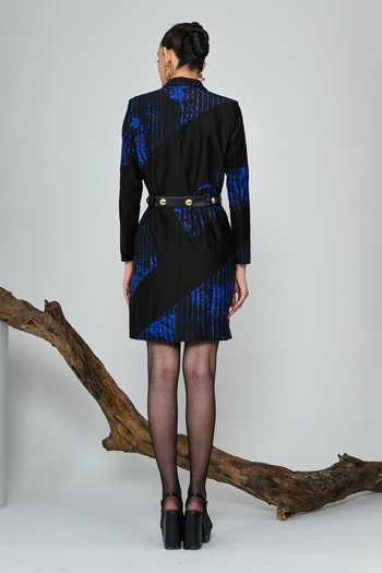 Shop_The Dramebaaz CO_Blue Silk V-neck Galaxy Blazer Dress And Belt Set _at_Aza_Fashions