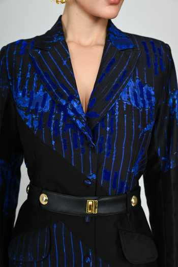 Buy_The Dramebaaz CO_Blue Silk V-neck Galaxy Blazer Dress And Belt Set 