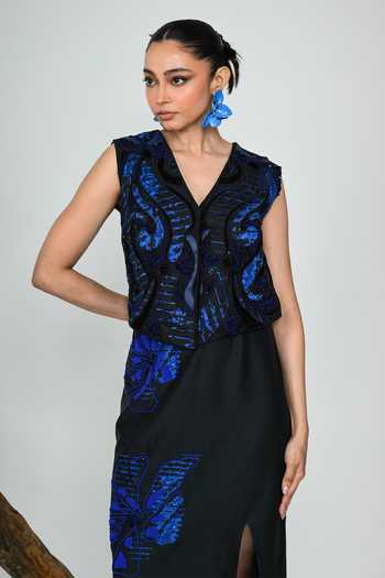 Buy_The Dramebaaz CO_Blue Silk V-neck Maze Waistcoat _Online_at_Aza_Fashions
