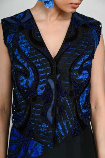 Shop_The Dramebaaz CO_Blue Silk V-neck Maze Waistcoat _Online_at_Aza_Fashions