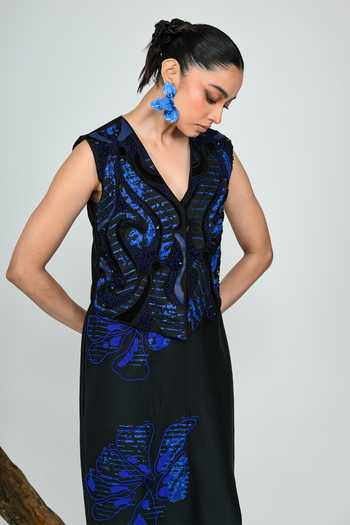 The Dramebaaz CO_Blue Silk V-neck Maze Waistcoat _at_Aza_Fashions
