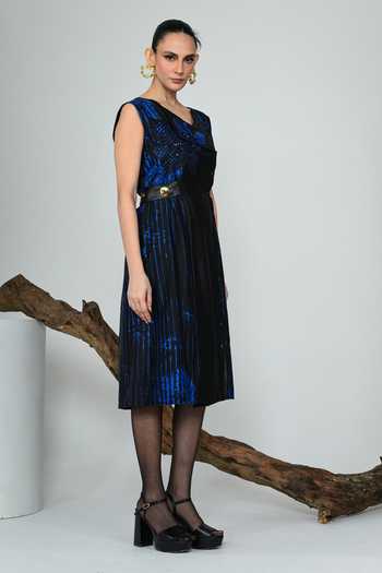 The Dramebaaz CO_Blue Silk V-, Asymmetric Helix Belted Dress _Online_at_Aza_Fashions