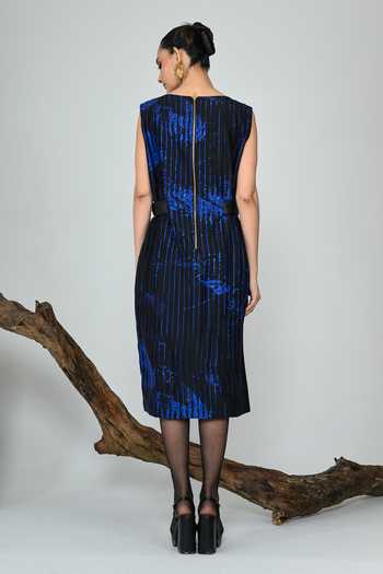 Shop_The Dramebaaz CO_Blue Silk V-, Asymmetric Helix Belted Dress _at_Aza_Fashions