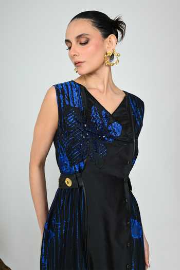 Shop_The Dramebaaz CO_Blue Silk V-, Asymmetric Helix Belted Dress _Online_at_Aza_Fashions